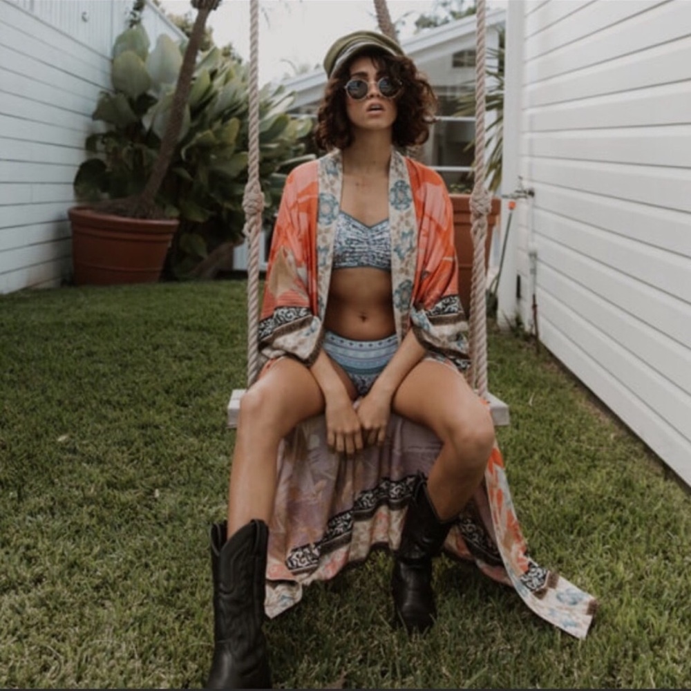 BOHO FLORAL Gypsy Bohemian Kimono Duster In Orange Pelican - Picture 7 of 12